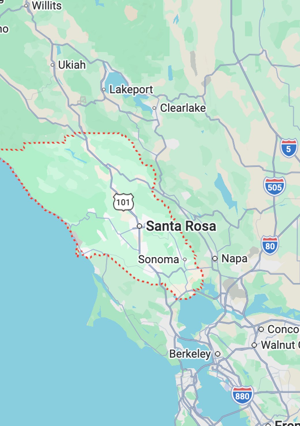Map of Sonoma County with service areas highlighted